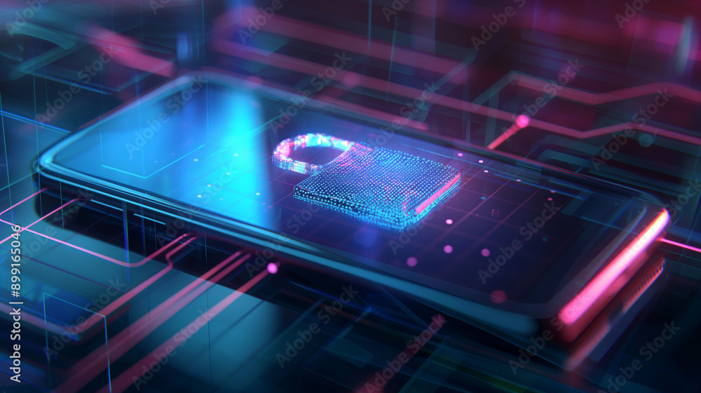 Poster cyber security digital data protection concept with digital padlock on smartphone screen