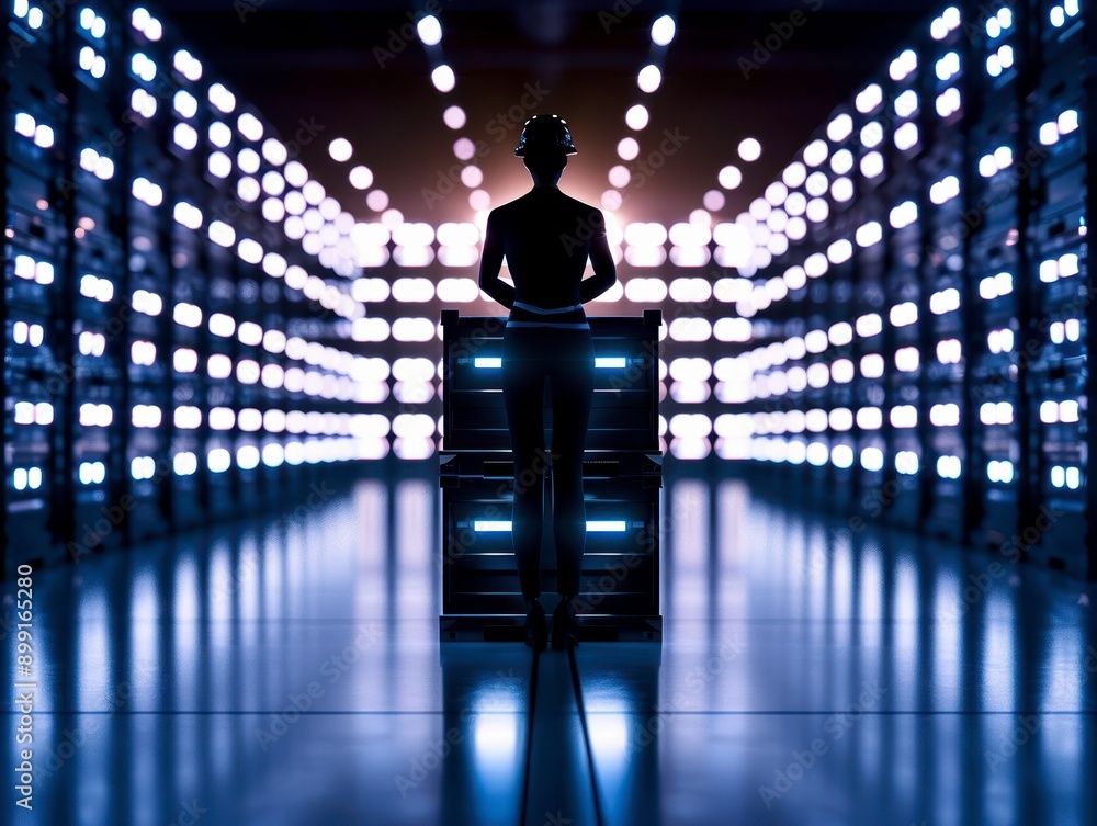 Poster a silhouette of a person in a data center filled with illuminated server racks, symbolizing technolo