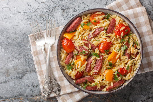 Hearty Italian risoni pasta salad with salami, bell pepper, garlic, tomatoes and herbs close-up in a bowl on a table. Horizontal top view from above