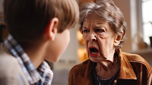 Emotional scene of angry grandmother scolding grandson, exaggerated crying, family conflict