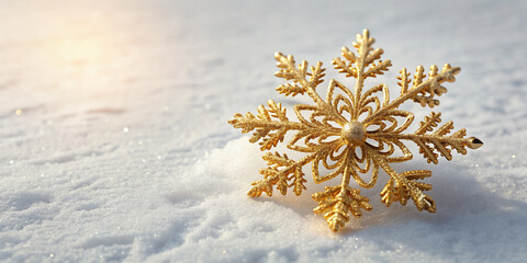 Delicate gold snowflake rests on a pristine white surface, intricate patterns and shapes glisten in the light, adding a touch of luxury and winter wonder.