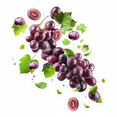 Grape with half slices falling on a white background