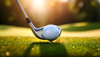 Golden Hour Golf: A close-up shot of a golf club poised to strike a white golf ball, bathed in the warm glow of the setting sun. The green grass and the sun's rays create a serene and inviting scene. 