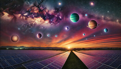 Solar Panels Under a Cosmic Sky,  a field of solar panels against a twilight sky with prominently displayed planets.