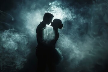 Silhouette of a Couple Embracing Amidst Smoke