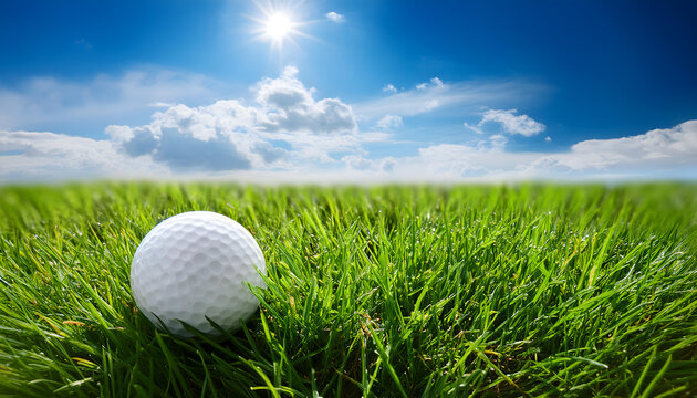 Image Description: A golf ball is positioned on a tee, surrounded by vibrant green grass, ready for a perfect swing under a clear blue sky on a golf course