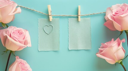 Paper sheets on thread with heart shaped clothespin on rose background