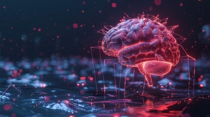 A brain is shown in a computer generated image with a red and blue color scheme