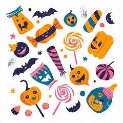 6. Halloween candies, trick-or-treat treats, flat design, bright colors, isolated on white background