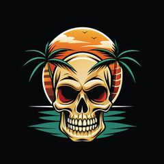 skull vector illustration with palm trees and sunset for t shirt  and other merchandise 