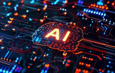AI letters on dark tech background. Concept of artificial intelligence, circuit elements, technology and innovation
