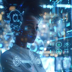 Holographic cyber security data, African American female specialist, advanced analysis, futuristic environment