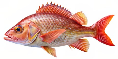 Vibrant red snapper fish with golden scales and bright blue eyes, isolated on a transparent background, showcasing its sleek physique and freshly caught appearance.