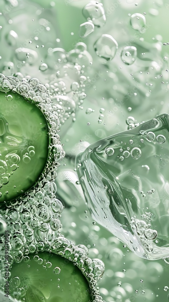 Poster green slices of cucumber submerged in water with bubbles