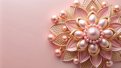 Delicate 3D pink gold flowers adorned with pearls sit elegantly on a soft pink background, providing ample space for text, exuding luxury and sophistication.