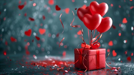 Red Gift Box with Heart Shaped Balloons and Confetti
