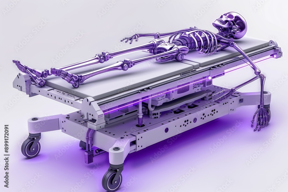Poster robotic skeleton on a futuristic medical examination table representing advanced technology in healt