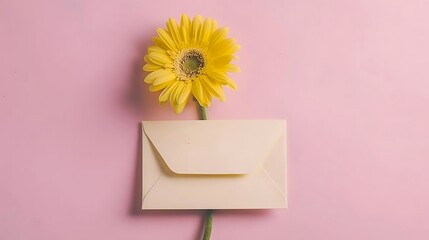 Romantic pink background of an isolated blank card envelope pen and a yellow flower
