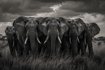 Fototapeta premium Herd of majestic adult African elephants crossing the savanna grasslands