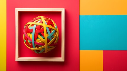 Rubber band ball with frame on a bright split tone background
