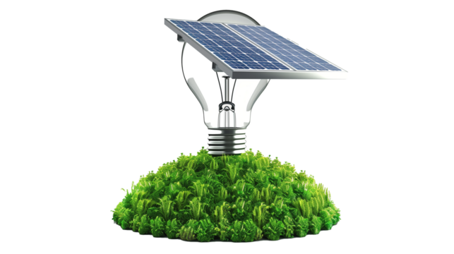 Eco LED light bulb with solar energy panels isolated on white background. Concept of green energy