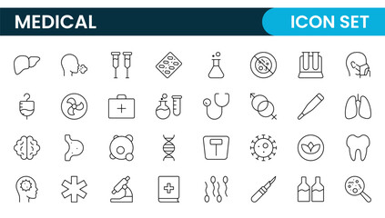 Set of Medical web icons in line style. Medicine and Health Care, RX. Medicine, check up, doctor, dentistry, pharmacy, lab, scientific discovery, collection.