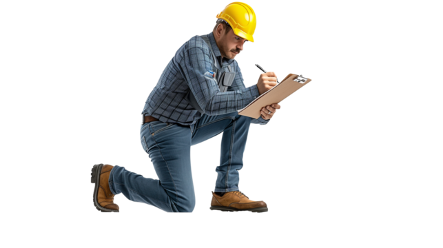 Full length portrait of a male engineer leaning on solar cell panel and holding a clipboard isolated on white background 
