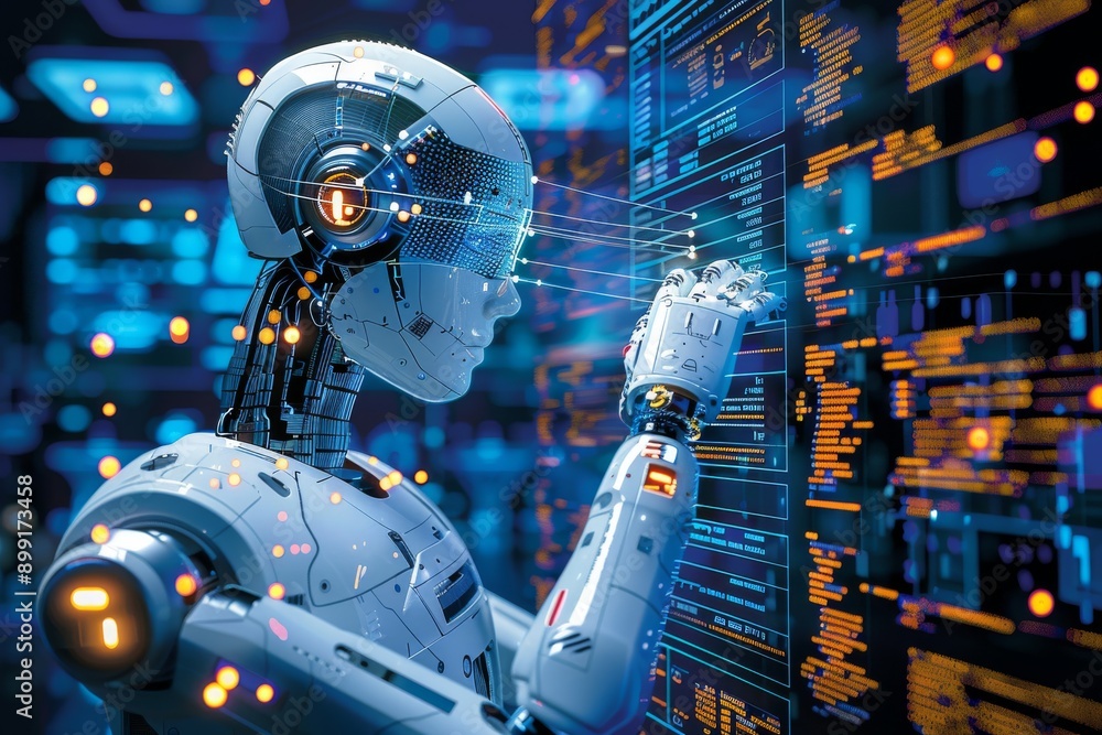 Poster humanoid robot in a conference symbolizing the role of advanced robotics and artificial intelligence