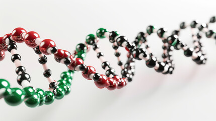 3D model of a DNA double helix made from black and red pearls on a white background