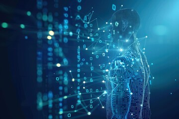 A Digital Human Figure Composed of Binary Code and Connected by a Network of Lines