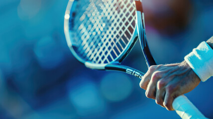 A tennis player holding a racket with the word "SIG" on the handle