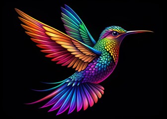 Obraz premium Vibrant, intricately designed hummingbird logo template with iridescent feathers, delicate details, and bold colors, perfect for branding, advertising, and nature-inspired projects.