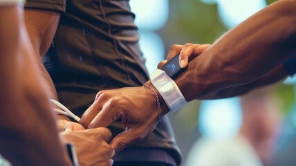 A man is wearing a wristwatch and adjusting it