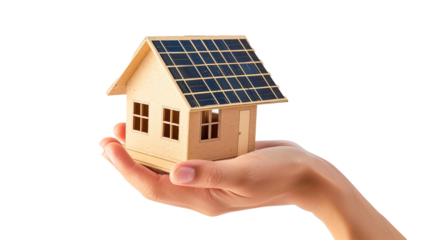 Hand holding an energy efficient model house with solar panels, ecology and sustainability concept On white backgroundbackground 