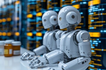 Group of identical robots in a high tech laboratory symbolizing advancements in artificial intelligence and robotics within a modern research setting