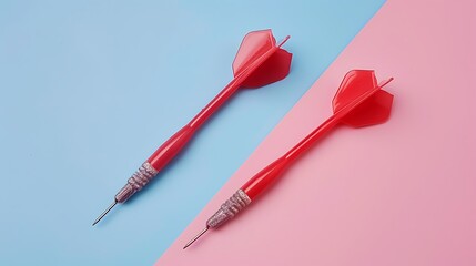 Two red plastic darts with metal tip on pink blue pastel background