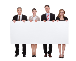 Diverse group of business professionals holding an empty banner
