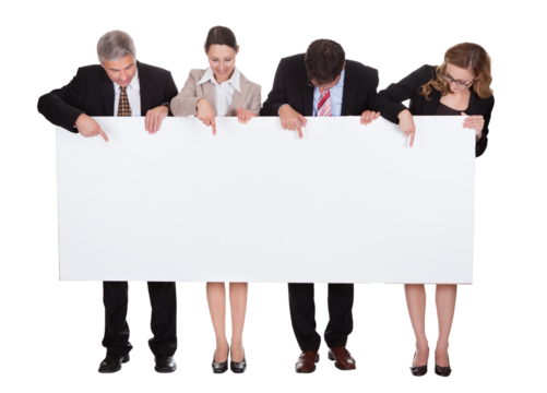 Four happy business professionals holding a blank signboard for advertising - Powered by Adobe