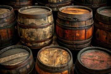 Fototapeta premium Aging Spirits in Wooden Barrels: A Captivating Journey of Maturation and Transformation under Warm Lighting