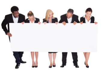 Professional man and woman holding blank placard in isolated studio