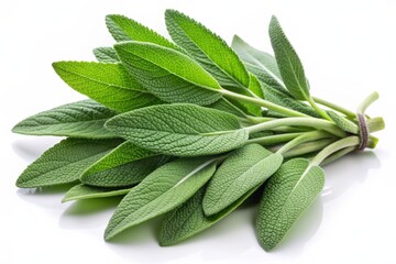 Obraz premium Fresh sage herb with delicate green leaves and stems isolated on a clean white background, perfect for cooking, culinary, and health-related projects.