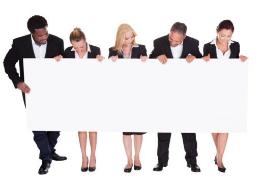 Professional man and woman holding blank placard in isolated studio
