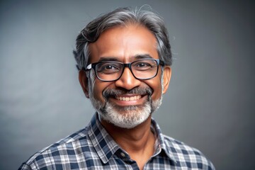 Obraz premium Adult happy Indian man wearing eyeglasses on a gray solid background with copy space.