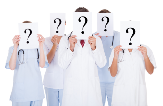 Medical team in full uniform meeting, holding question mark sign, hiding faces