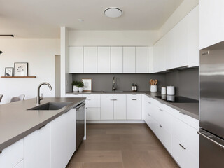 Step into an open-concept kitchen with sleek white cabinets, a gray countertop, stainless steel appliances, and minimal decor.