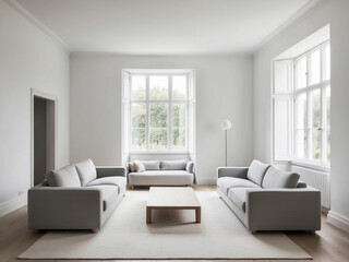 Fototapeta premium Experience the serene elegance of a spacious living room with white walls, a sleek gray sofa, a simple wooden coffee table
