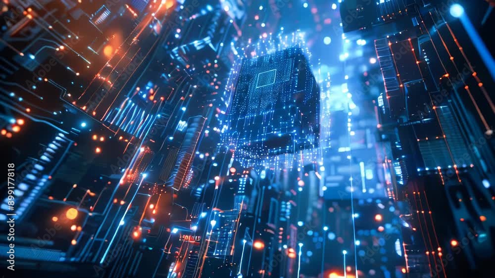 Poster close up of an advanced microchip with data flowing through it