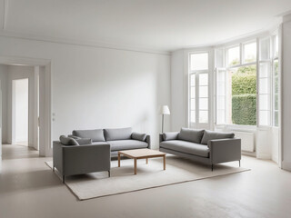 Fototapeta premium Experience the serene elegance of a spacious living room with white walls, a sleek gray sofa, a simple wooden coffee table