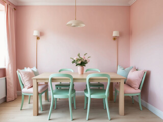 Fototapeta premium a cozy dining area with pastel pink walls, a light wooden dining table, mint green chairs, and soft lighting.