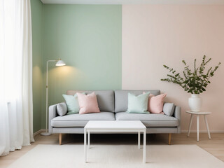 a living room with pastel green walls, a light gray sofa with pastel-colored cushions